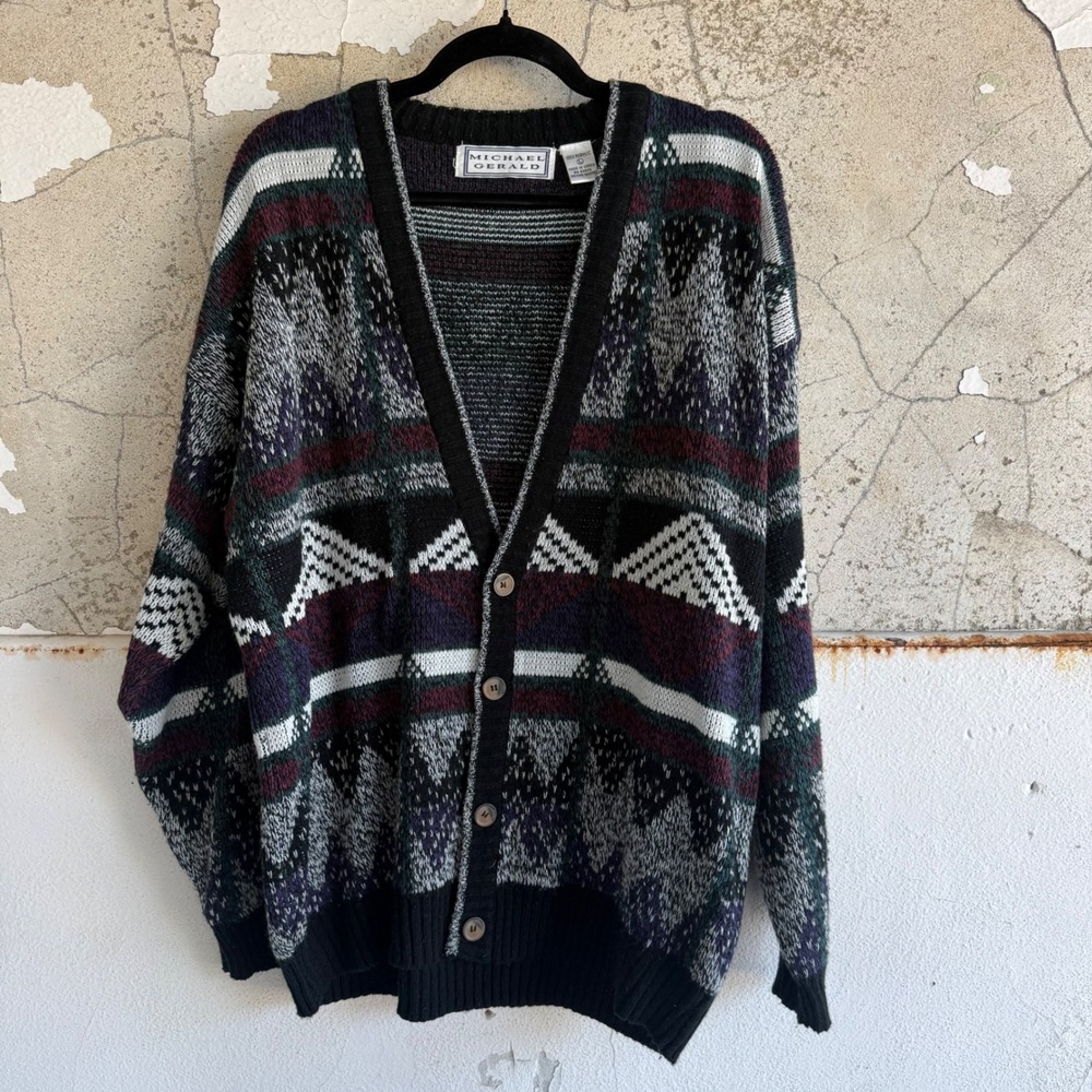 Vintage Cardigan Sweater 90s Grandpacore Geometric Abstract Indie Knit Mens L